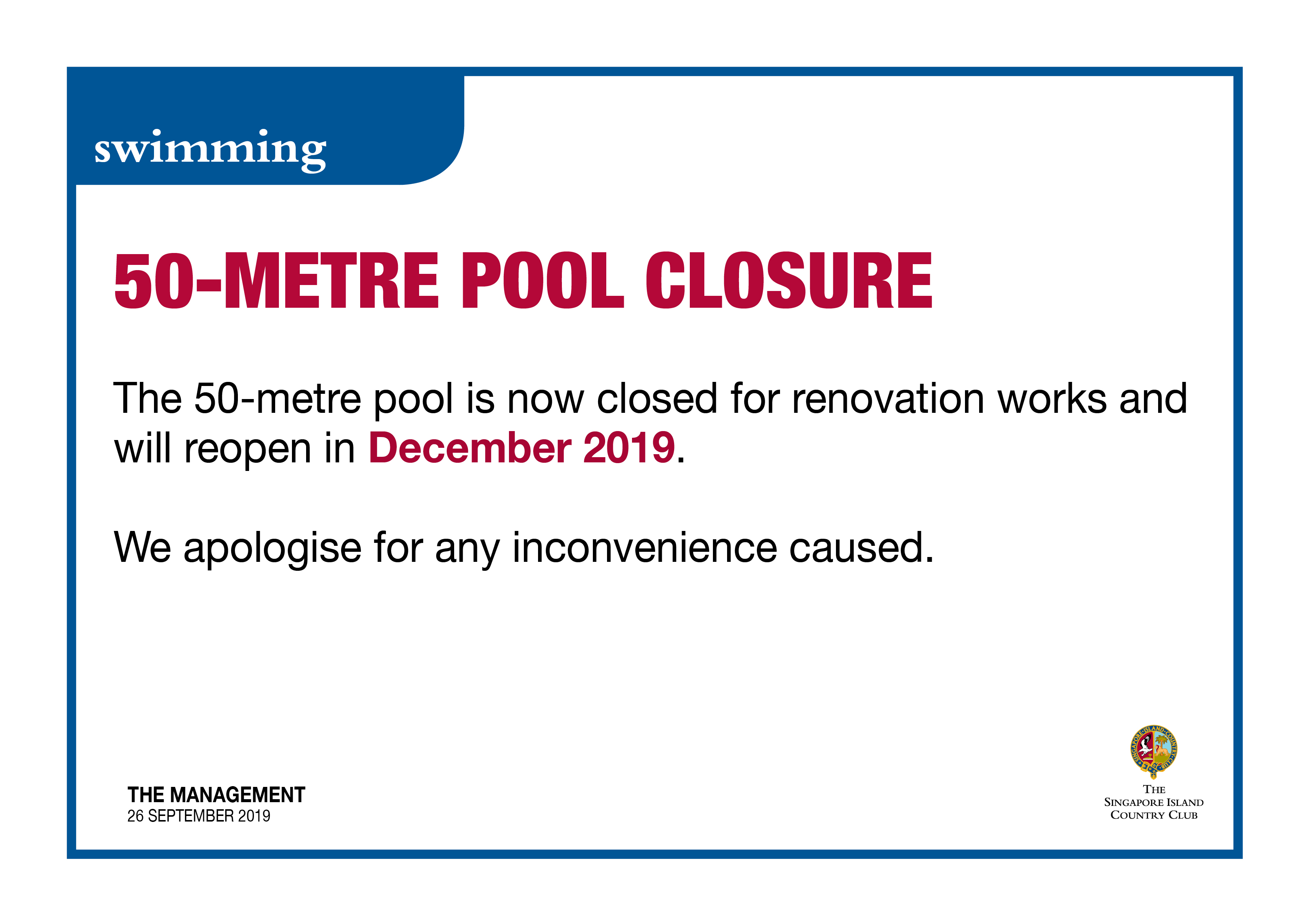 50m pool closure