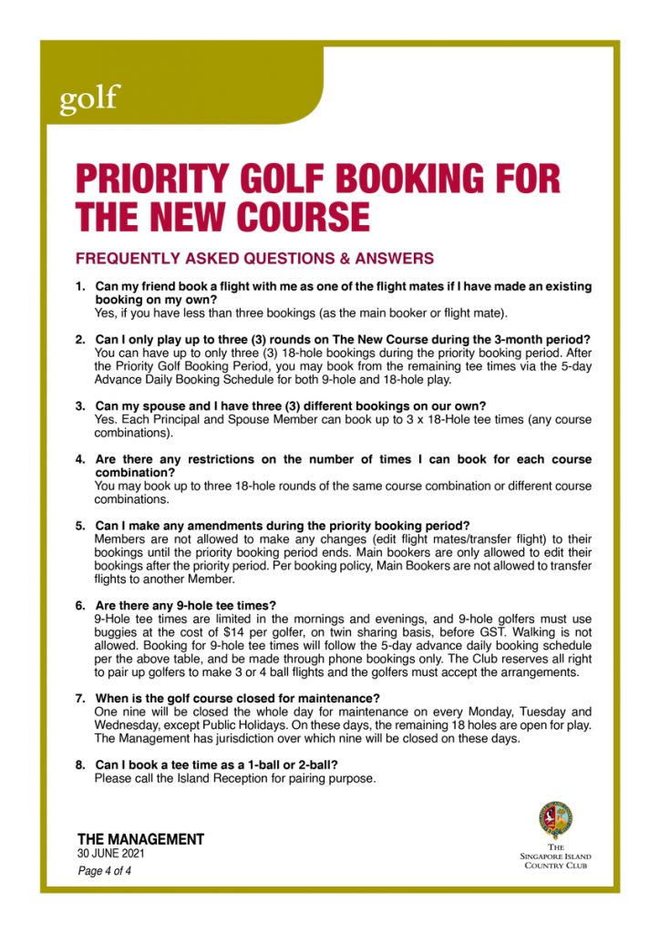 Golf Booking – 2021 – The Singapore Island Country Club